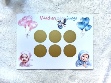 Rubbellos-Karte zur Enthüllung des Babygeschlechts: Mit liebevollen Illustrationen von rosa und blauen Luftballons sowie niedlichen Babys. Perfekt, um die Freude über ein Mädchen oder einen Jungen zu teilen.